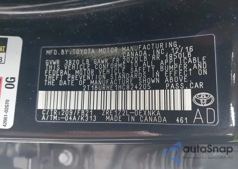 2017 Toyota Corolla Le from USA, damaged, VIN 2T1BURHE1HC824205
